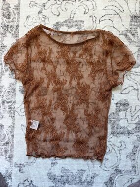 Brown Lace Sheer Short-Sleeve Top